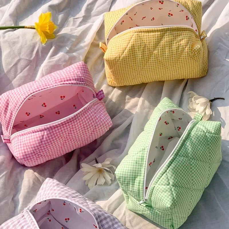 pochette de maquillage couleur bonbon pour femmes, jolie pochette à carreaux de grande capacité, boîte à cosmétiques portable, sacs de rangement pour femmes