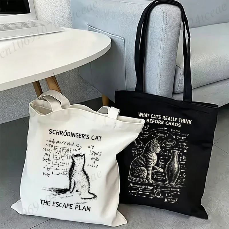 sac fourre-tout en toile imprimé chat physique amusant, sac à main réutilisable chat mathématique humour scien