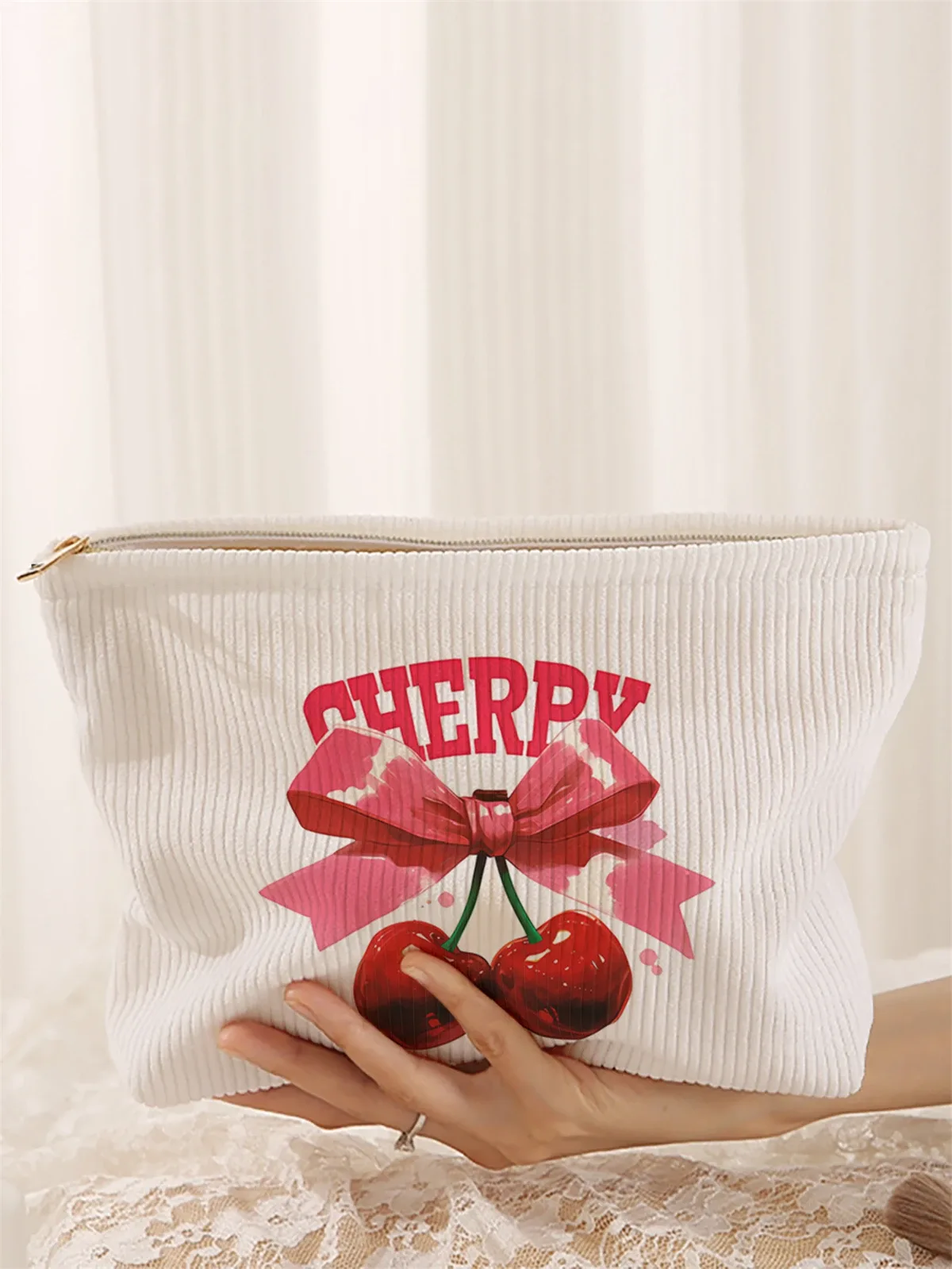 1 trousse de maquillage en velours côtelé à motifs cerises, boîte de rangement de maquillage légère à fermeture éclair, sac multifonctionnel avec doublure