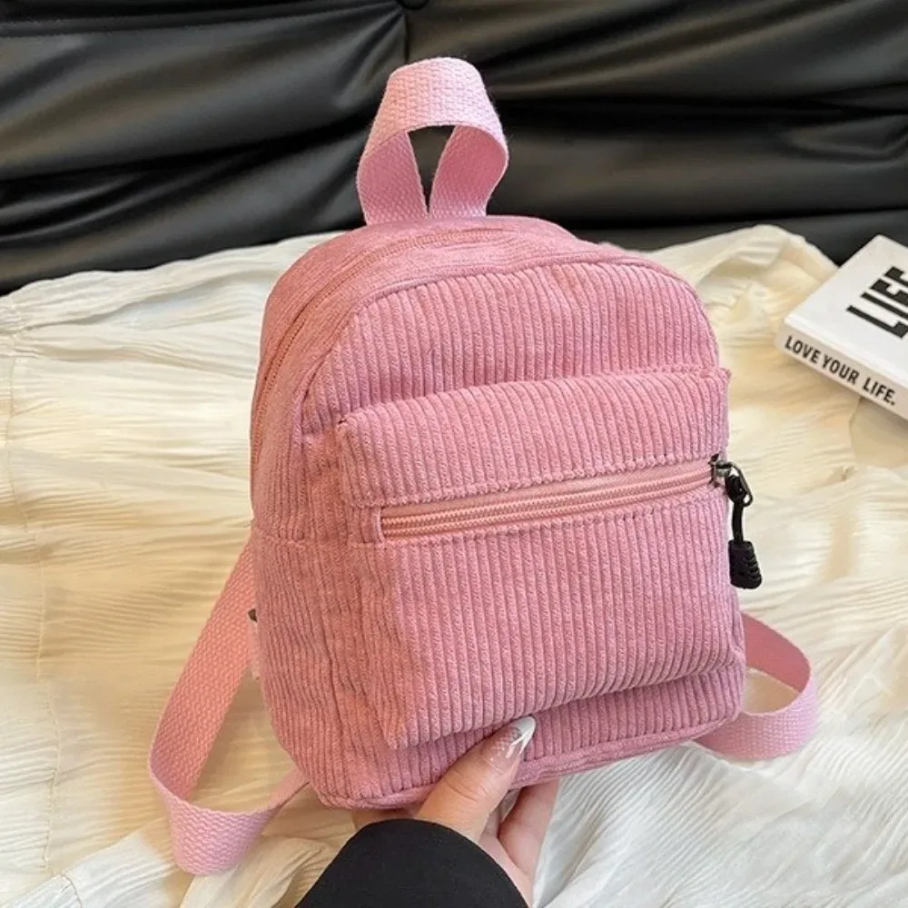 mini sac à dos polyvalent en velours côtelé de couleur unie, léger, avec fermeture éclair, double bandoulière, style vintage, multi-poches, pour le quotidien et les voyages