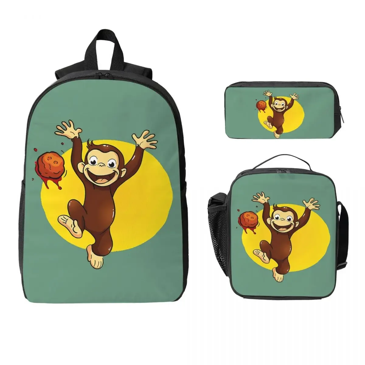 sac à dos anime curious george monkey, sac à livres pour étudiants, sac d'école, sacs à bandoulière pour ordinateur portable, sac à déjeuner isotherme, trousse à crayons, 3 pièces