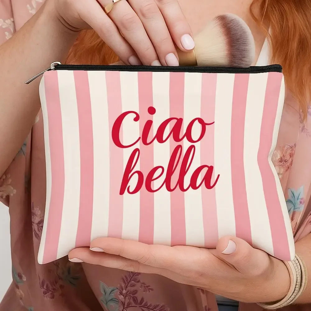 trousse de maquillage ciao bella à thème italien, double face, rayée rose et blanc, adaptée au style européen, pochette de rangement pour voyage
