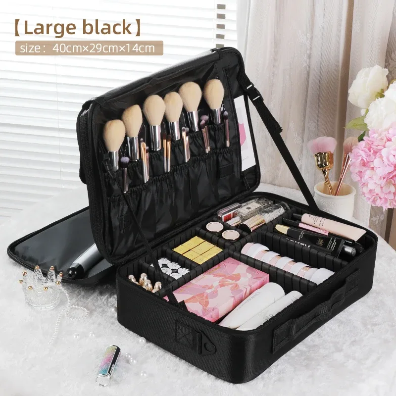 trousse de maquillage de voyage, étuis de train de maquillage, organisateur professionnel de rouge à lèvres avec bandoulière, séparateurs réglables pour maquillage cosmétique