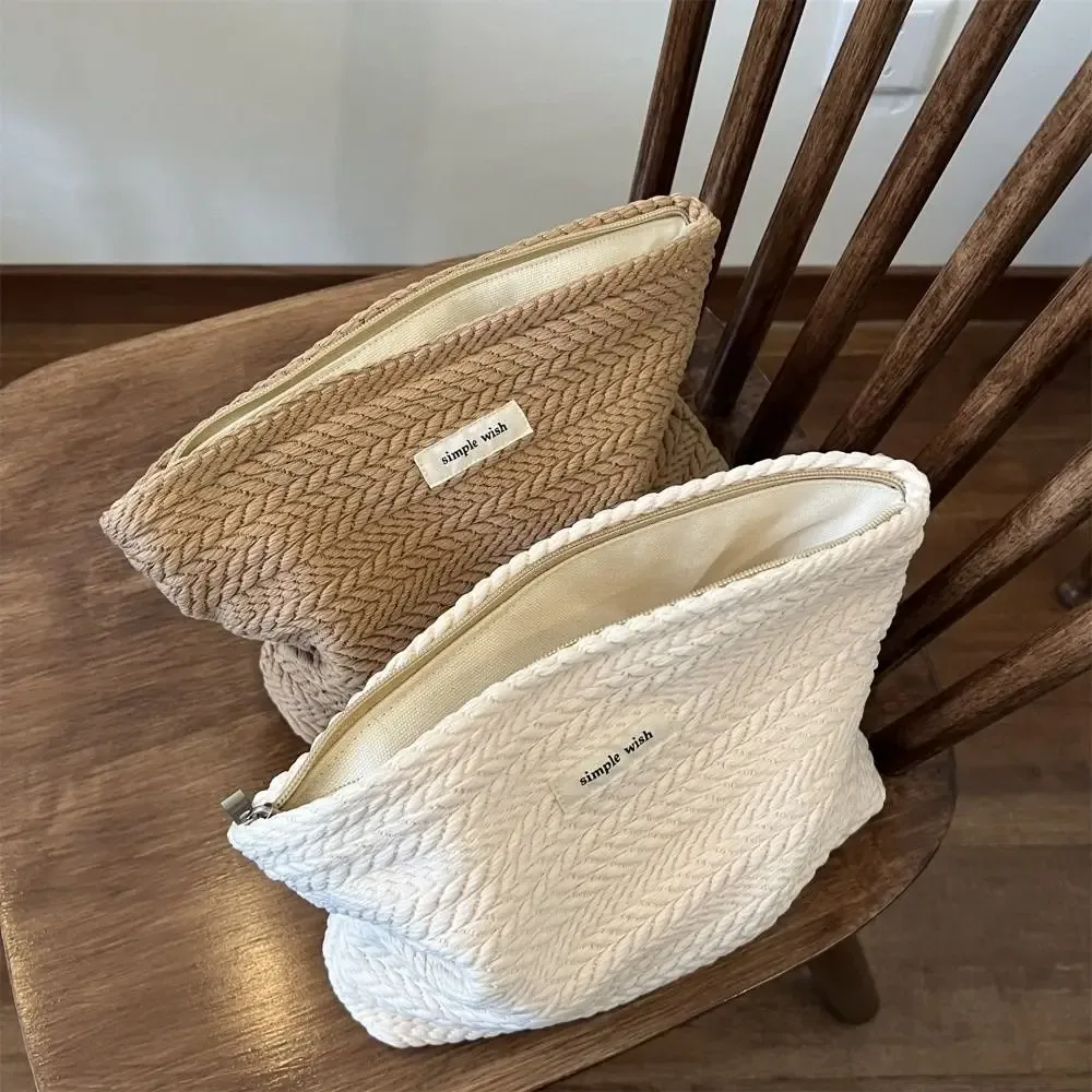 trousse de maquillage en tissu tissé pour femmes, couleur unie, petit organisateur, pochette en toile, grande capacité, fermeture éclair, étui de beauté, voyage