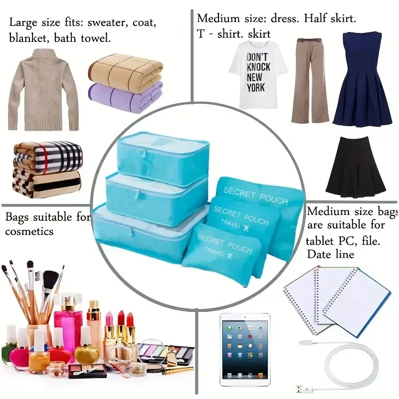 sacs de voyage multifonctions imperméables, 6 pièces, rangement de vêtements, pochette de rangement de bagages, cube d'emballage, sac de rangement de voyage pour hommes et femmes