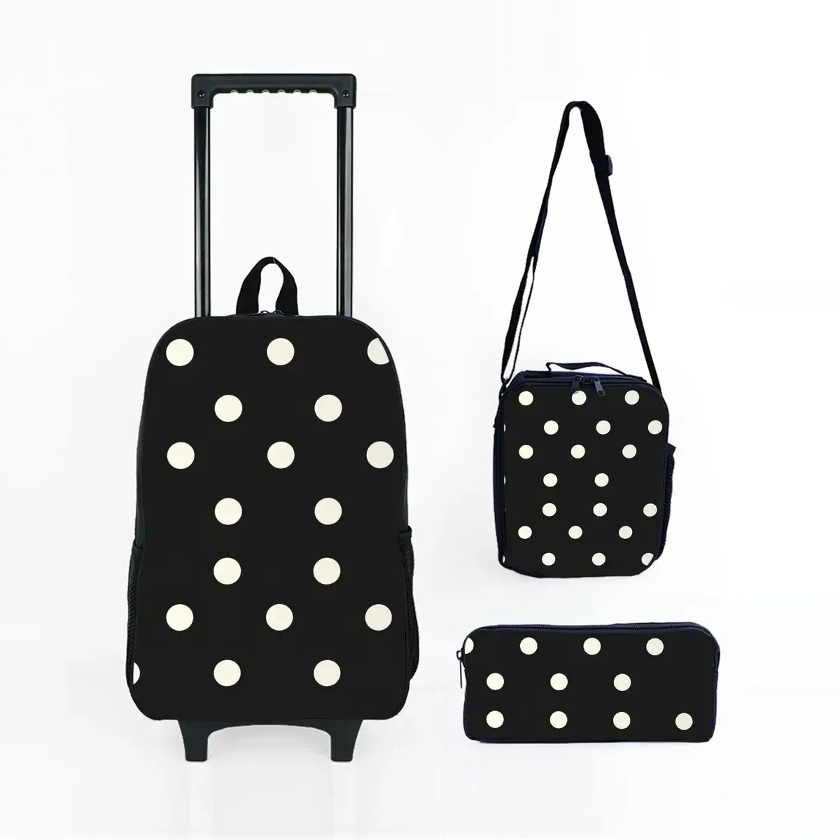 ensemble de sacs à roulettes imprimés à pois, avec boîte à déjeuner, sac à stylos avec roulettes, sac à dos de chariot d'école pour filles/garçons