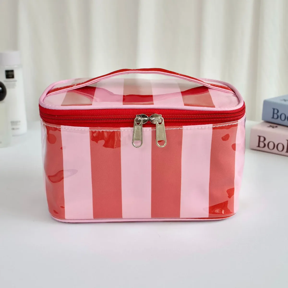 sac cosmétique brillant à rayures en pvc, très populaire, grande capacité, sac de toilette portable, sac de rangement de voyage imperméable