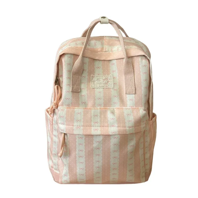 sac à dos en nylon à rayures et imprimé nœud pour femme, léger, mignon, pour étudiante, sac d'école, sac à dos de voyage quotidien pour ordinateur portable a4