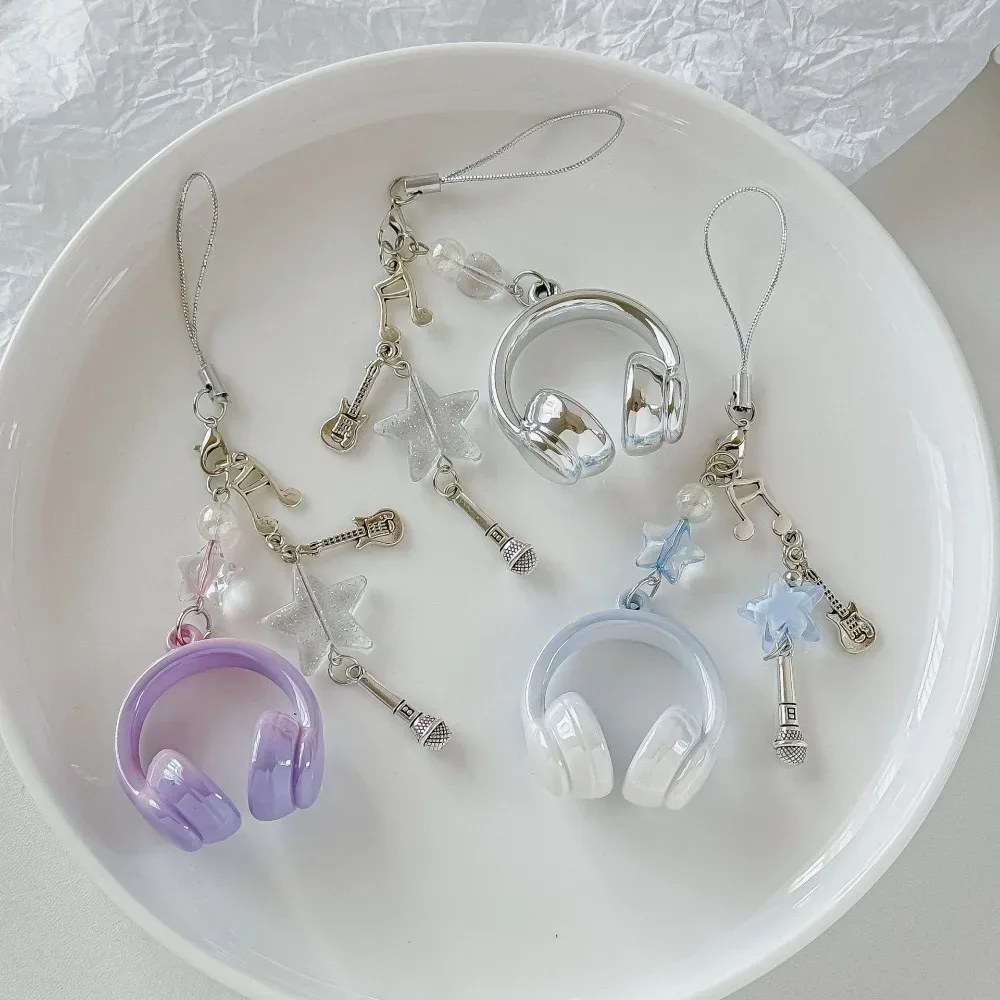 écouteurs de musique noirs, chaînes pour téléphone portable, petit pendentif musical à bouton-poussoir, pendentif créatif de décompression pour sac à dos, porte-clés