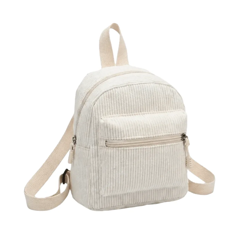 mini sac à dos polyvalent en velours côtelé de couleur unie, léger, avec fermeture éclair, double bandoulière, style vintage, multi-poches, pour le quotidien et les voyages