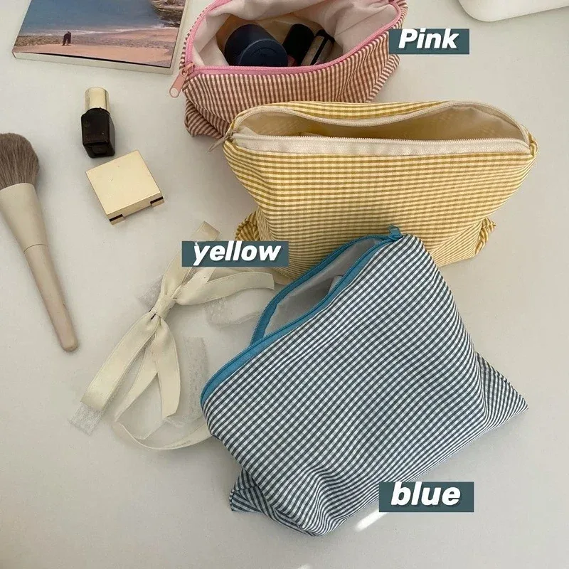 sacs à cosmétiques à carreaux en coton doux pour femmes, sacs de maquillage, sacs de rangement, mode simple portable, sacs de lavage de grande capacité