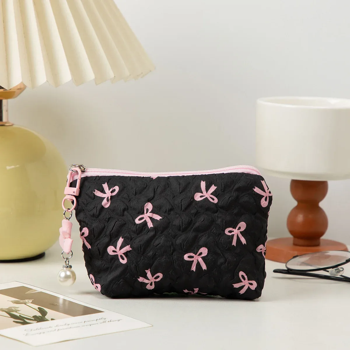 porte-monnaie mignon avec nœud, mini sac de rangement cosmétique, pochette portable à fermeture éclair pour femme, cadeau de voyage