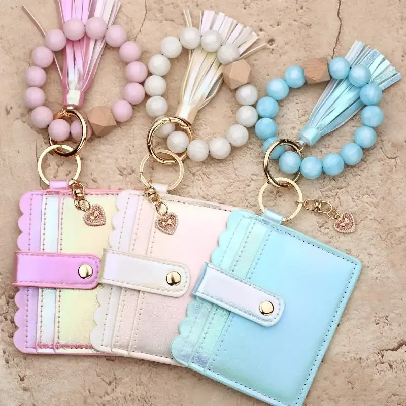 porte-cartes adorable pour filles, portefeuille dégradé de couleurs, breloque cœur, bracelet perles en silicone, étui en cuir pour cartes d'identité - organisateur tendance