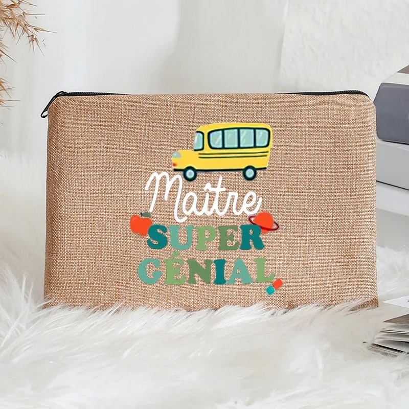 super atsem maitresse – trousse de toilette en lin, fermeture éclair, fournitures de bureau, trousse à crayons, portefeuille, sacs de maquillage polyvalents, cadeau pour les enseignants