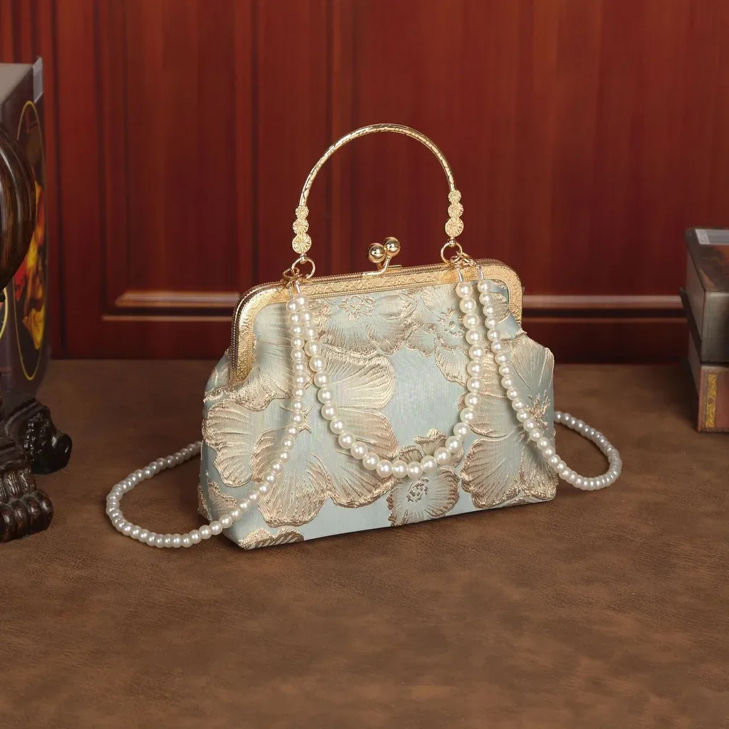 sac bandoulière en polyester, sac de soirée mi-souple, sac fourre-tout perlé, sac à main léger brodé de fleurs pour le voyage et les tenues cheongsam