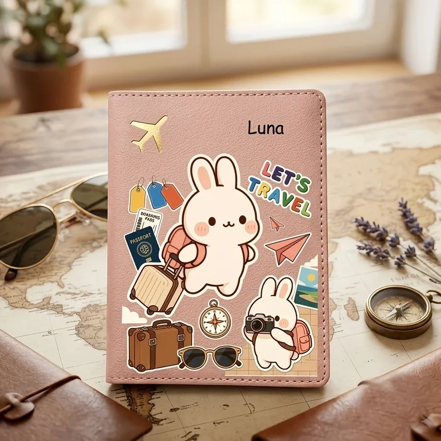 housse de passeport à motif de lapin de dessin animé mignon, personnalisable avec nom et texte, rangement pour livre de passeport, accessoire de voyage, sac de passeport