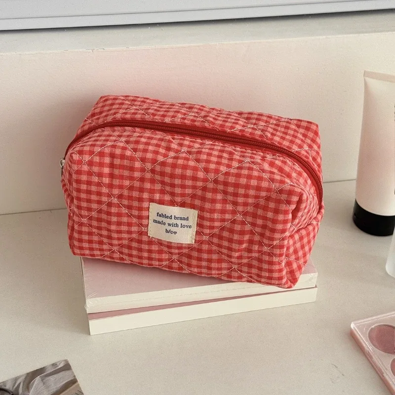 trousse de maquillage mignonne pour femmes, sac cosmétique portable de voyage, petite trousse de toilette à fermeture éclair à motif écossais, pochette de lavage, sacs de rangement