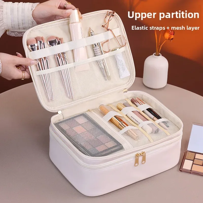 trousse de maquillage double couche en cuir pu, grande capacité, sac de voyage pour cosmétiques, pochette de toilette pour outils de beauté femme