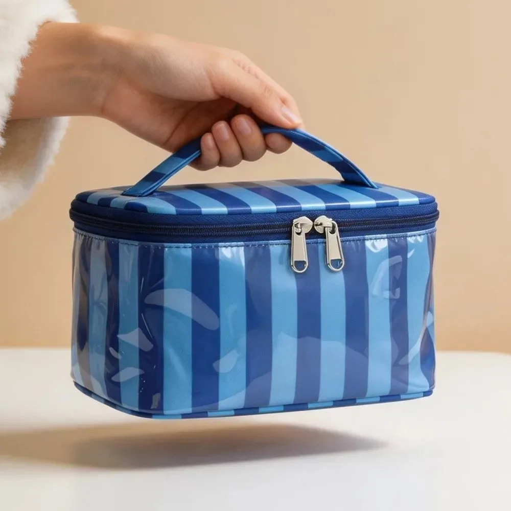 sac de rangement pour articles de toilette à rayures, en pvc imperméable, étui organisateur de maquillage, sac de voyage léger et durable pour cosmétiques