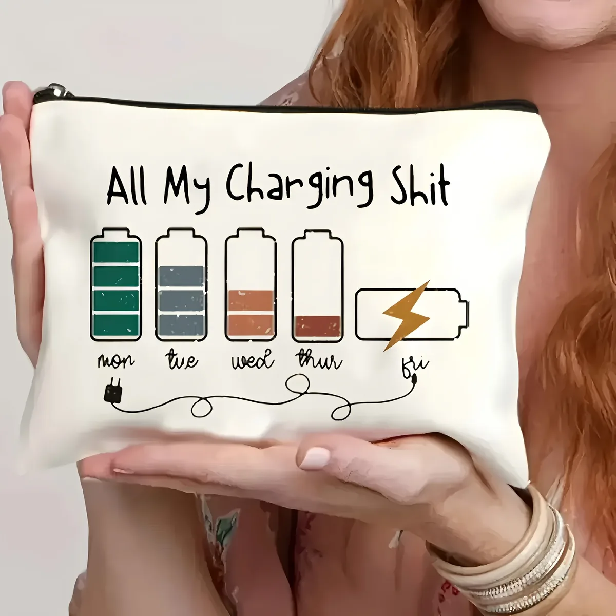 sac de rangement en toile avec motif imprimé sur le thème de la recharge, trousse de toilette et de maquillage zippée, légère et pliable, pour la maison