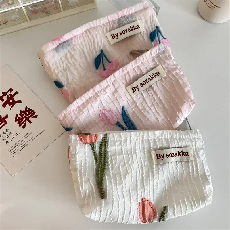 trousse de maquillage imprimée de fleurs 3d pour femmes, petit sac cosmétique, pinceaux de maquillage, rouge à lèvres, trousse de rangement mignonne, style coréen