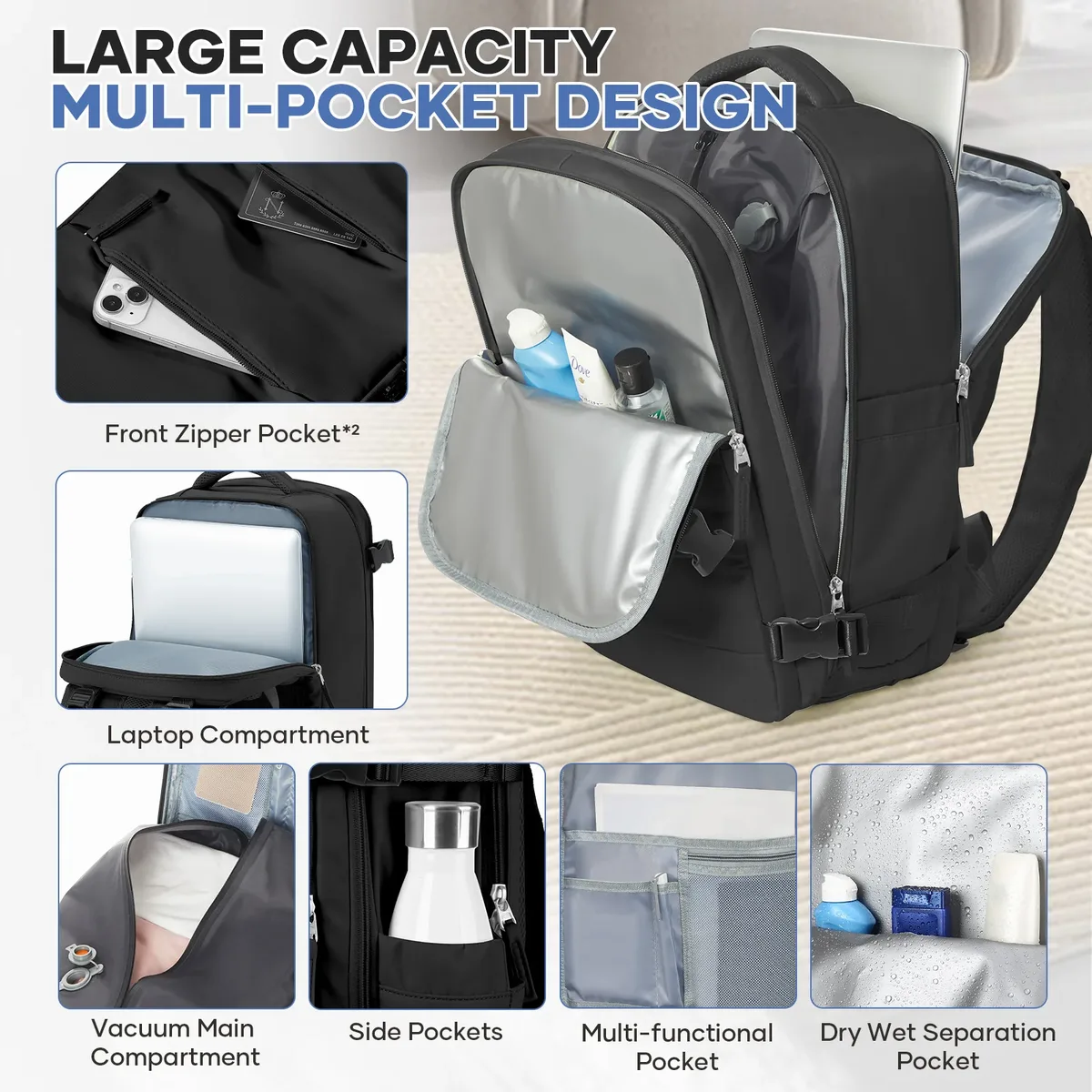 sac à dos de compression sous vide avec air aériennes approuvées par pompe à air, sac à dos de voyage pour hommes et femmes, sac de travail pour ordinateur portable d'affaires de stockage sous vide