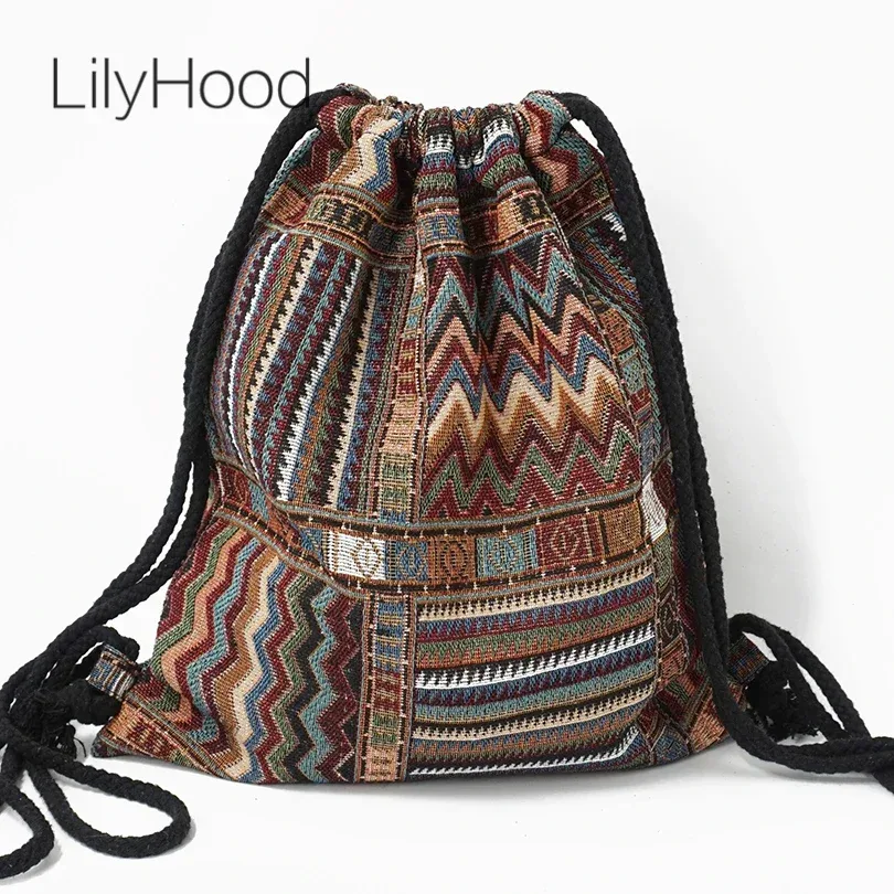 Sac à dos en tissu pour femme 2026, style bohème chic, ethnique, tribal, Ibiza, Gypsy, Aztec, doux, marron, avec cordon de serrage