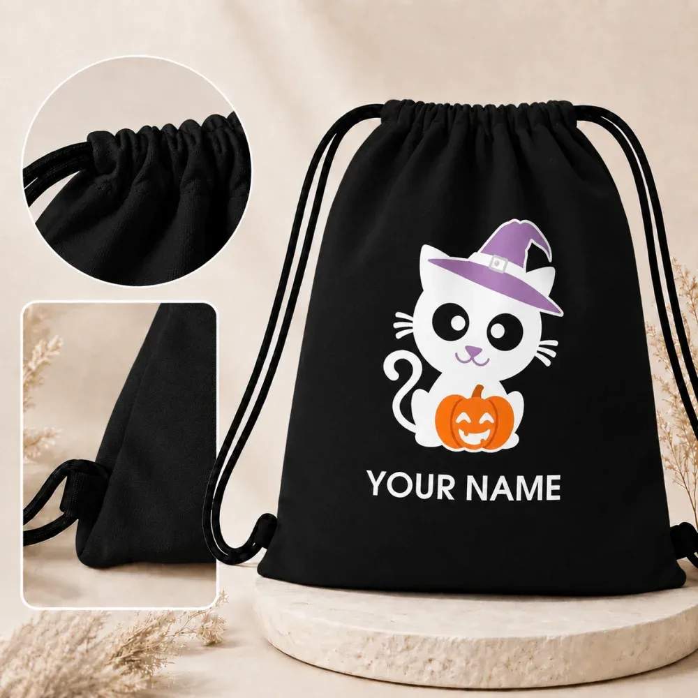 sac à cordon personnalisé avec nom, motif chat d'halloween, chapeau de sorcière, citrouille, sac à trucs ou fripes pour enfants, sac à dos 34x41cm