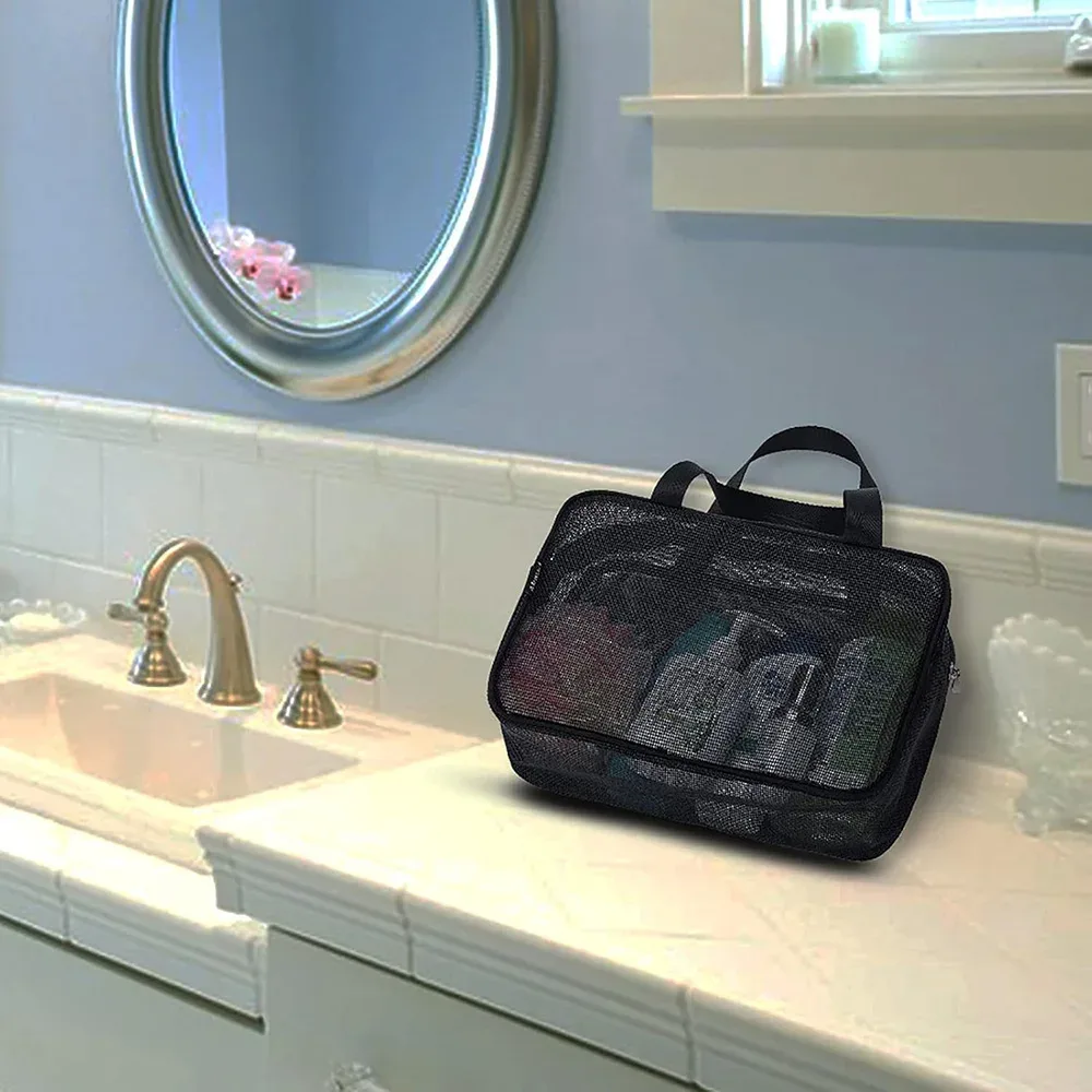 sac de douche en maille grande capacité, sac fourre-tout multifonctionnel pour cosmétiques, organisateur portable pour articles de toilette, idéal pour l'organisation de la salle de bain