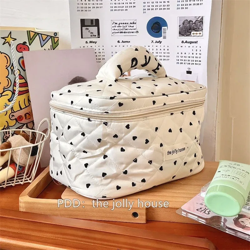 sac à main de maquillage en coton matelassé pour femmes, trousse de toilette portable, forme de boîte, fermeture éclair, évaluation cosmétique, femme, fille, mignon