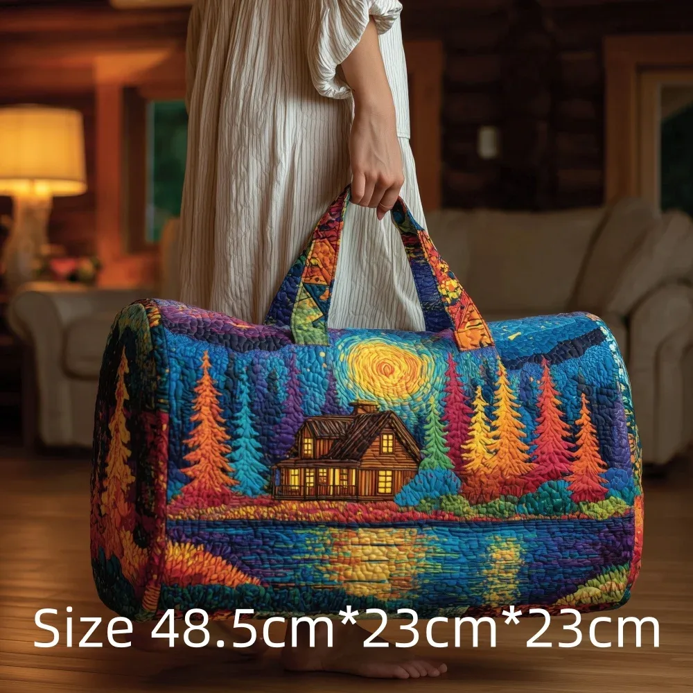sac de voyage matelassé imprimé en 3d, fourre-tout de week-end, sac de sport, sac à main, motif cabane en montagne et forêt d'automne, paysage naturel vintage, pour femmes et hommes