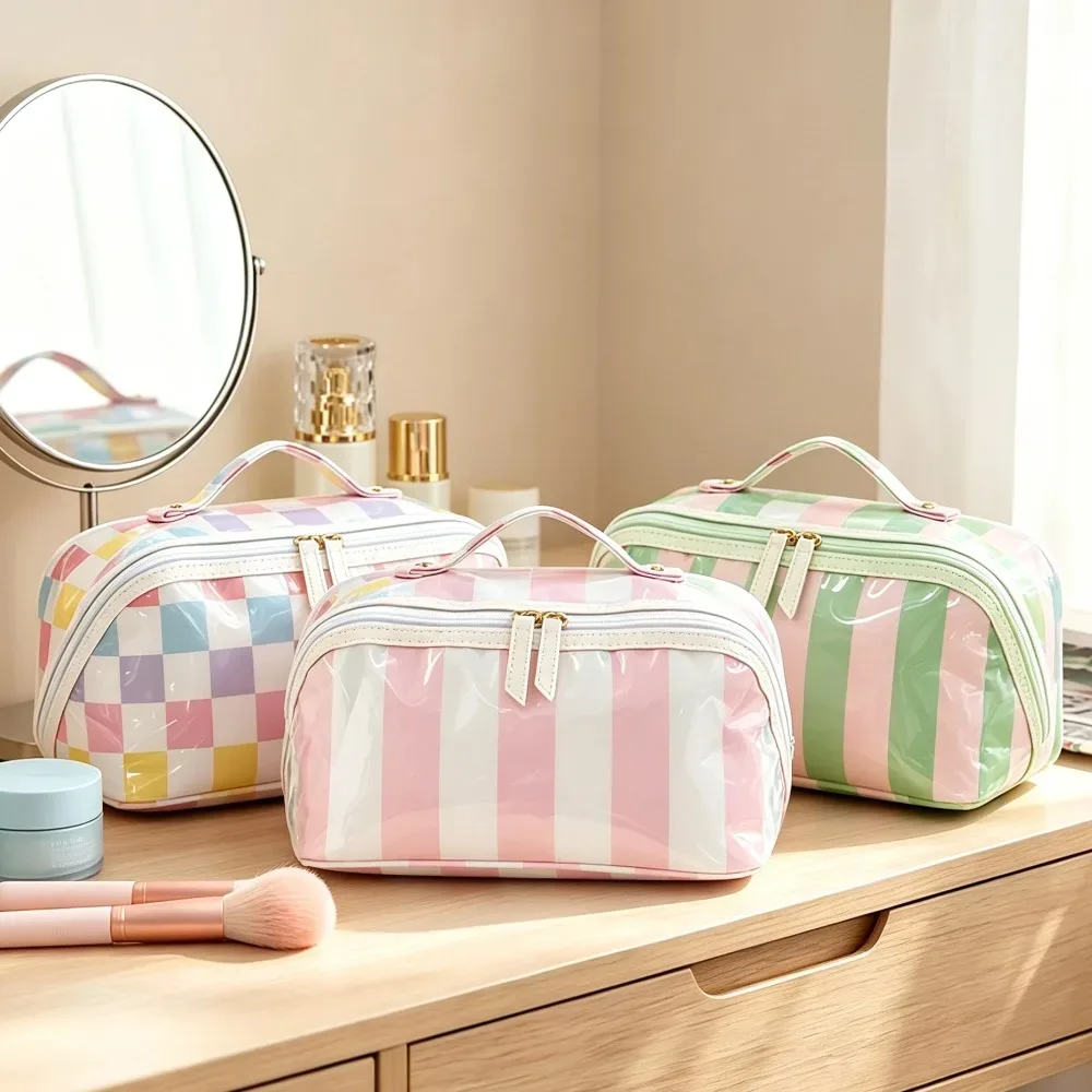 sac de maquillage imperméable en pvc, double fermeture éclair, sac de rangement cosmétique à rayures en damier, sac de toilette de voyage grande capacité