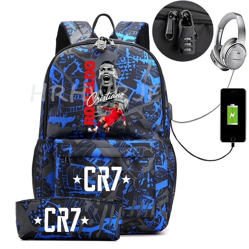 sac à dos usb cr7 pour femmes et hommes, sac à dos de voyage décontracté anti-vol, sacs d'école pour adolescents avec capacité pour ordinateur portable, avec trousse à crayons, 2 pièces