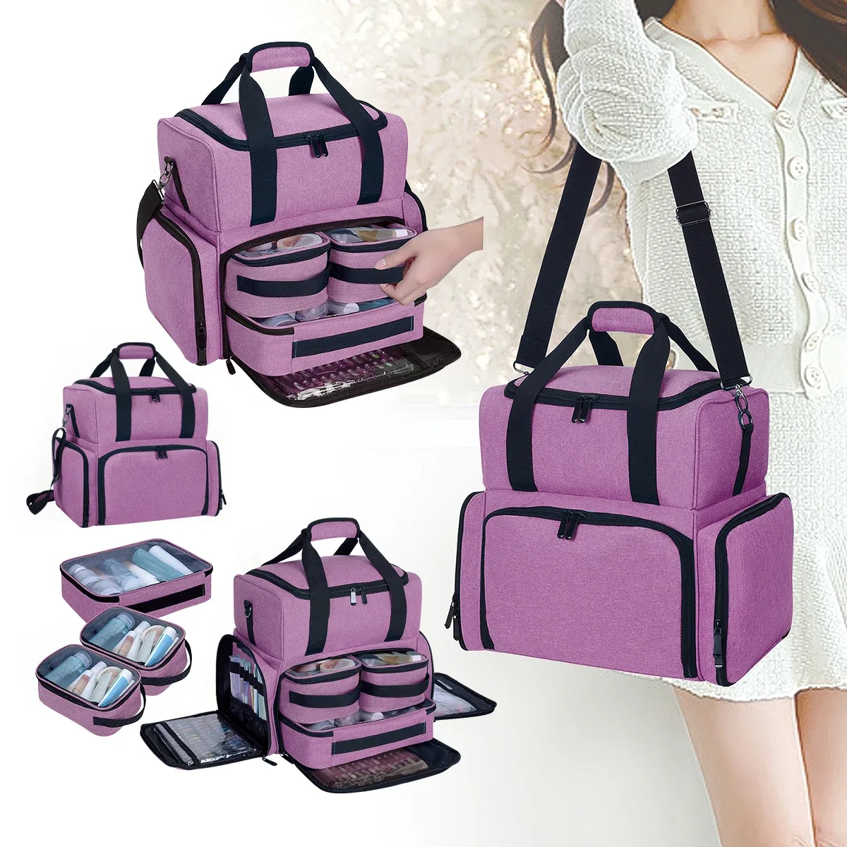 UOZL Trousse de maquillage double couche de grande capacité avec 3 pochettes amovibles et 2 compartiments amovibles avec bandoulière réglable