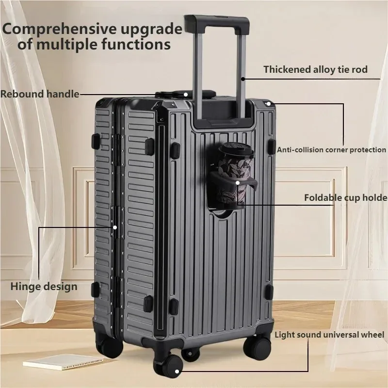 valise de voyage multifonctionnelle pour étudiants et professionnels, avec cadre en aluminium, serrure à combinaison, porte-gobelet et roues silencieuses multidirectionnelles