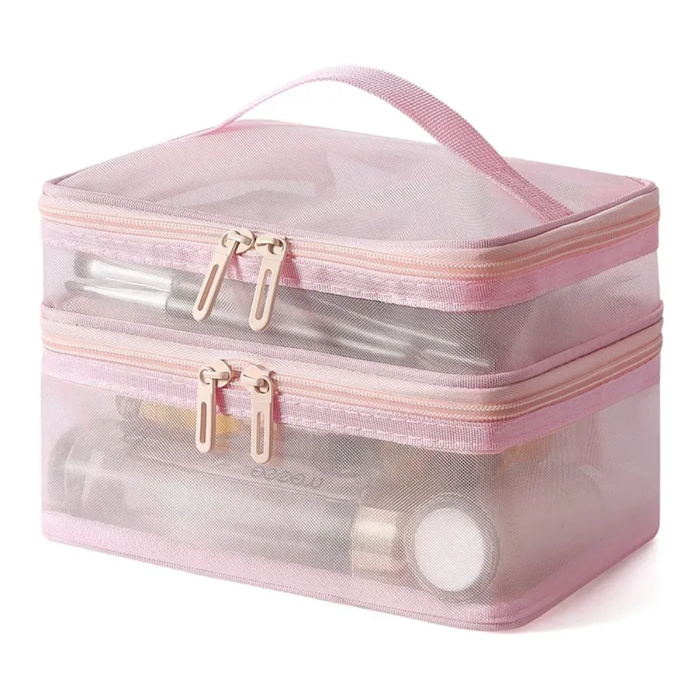 sac de voyage en maille transparente pour femmes, sac de rangement pour cosmétiques, trousse de toilette à 2 couches, sac de rangement de grande capacité pour maquillage