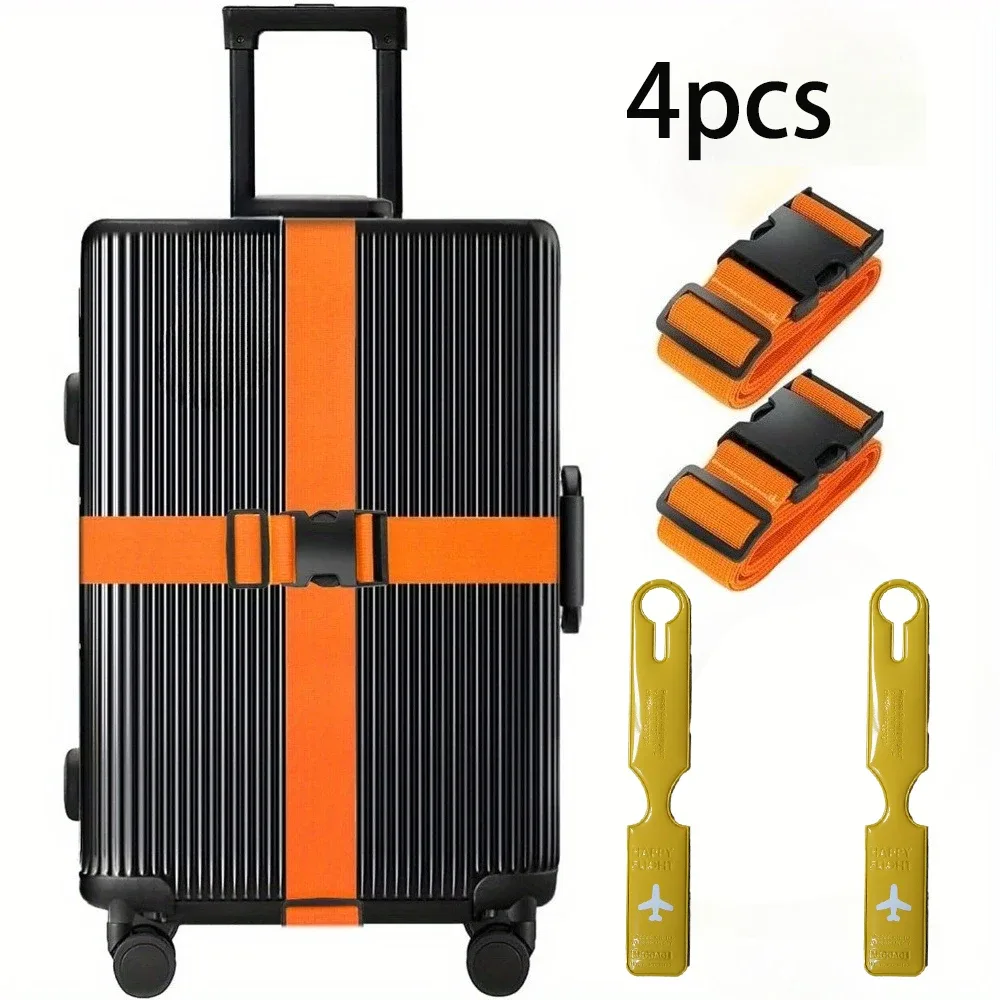 ensemble de 4 sangles de bagages + étiquettes de bagages, sangles d'emballage en nylon extra-longues de 2 m résistantes à l'usure, sangles de bagages anti-ouverture, étiquettes d'identification pour compagnies aériennes, accessoires de voyage pour les déplacements professionnels, adaptés aux voyageurs / étudiants / professionnels en déplacement, accessoires anti-ouverture pour bagages à main.