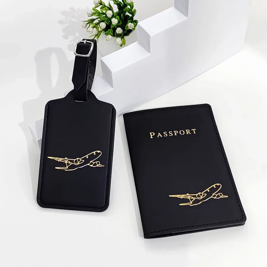 couverture de passeport d'avion, étiquette de bagage avec nom, carte d'identité, portefeuille en cuir pu anti-perte, accessoires de voyage pour les amateurs de vol, 2 pièces/ensemble