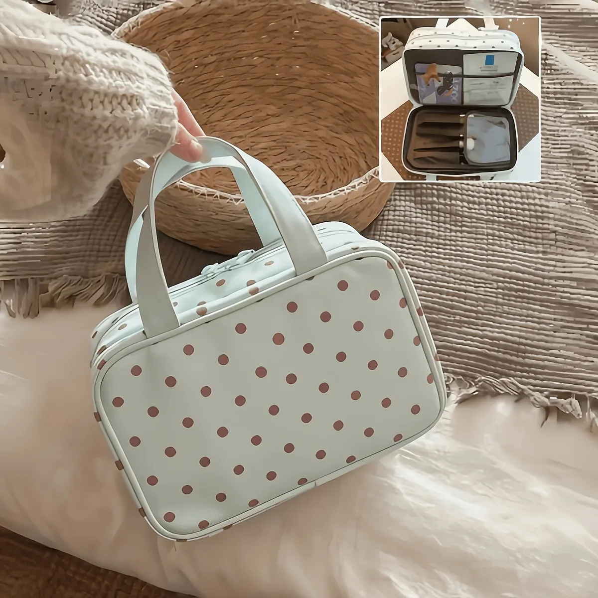 nouvelle trousse de toilette de voyage grande capacité à pois en pu 2026, organisateur de valise suspendu à trois niveaux multi-poches avec poignée robuste