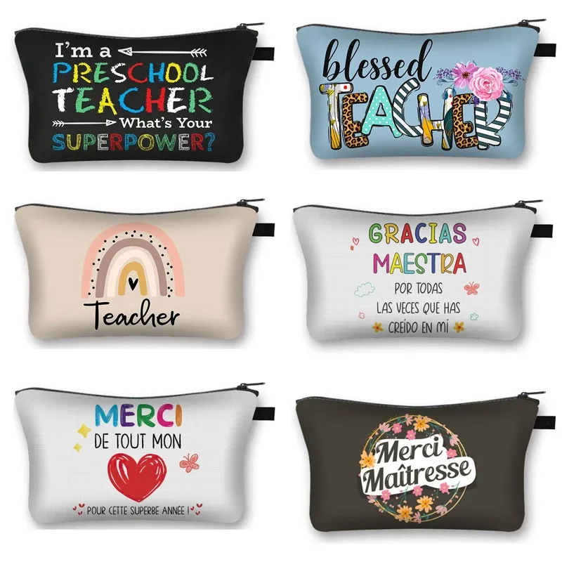 Merci enseignant/ Gracias Maestra/ Merci Maitresse trousse à cosmétiques femmes trousse de maquillage filles organisateur cosmétique cadeau de remise des diplômes