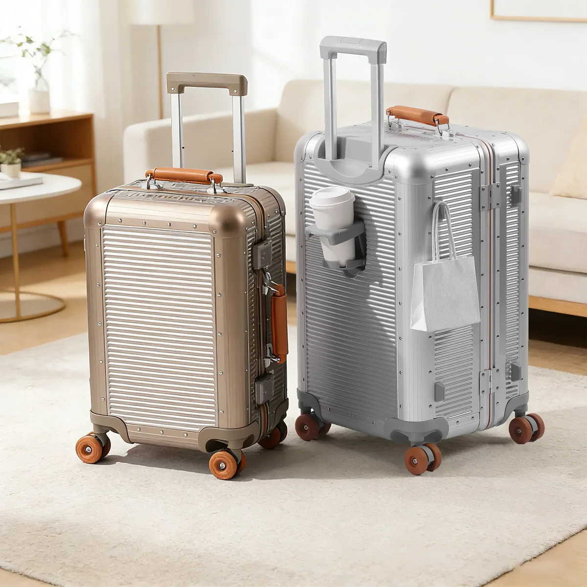 valise en aluminium avec cadre pc, 20/24/28 pouces, grande capacité 3:7, roues silencieuses en gel, serrure tsa, sac de voyage, porte-gobelet et crochet