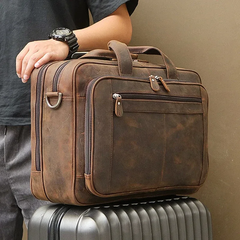 sac d'affaires pour homme en cuir véritable de haute qualité, sac pour ordinateur portable de 17 pouces en cuir crazy horse, porte-documents masculin pour bureau.