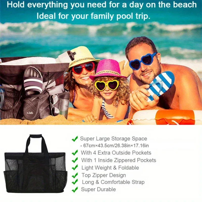 sac de plage extra large en maille avec fermeture éclair et poche, idéal pour les croisières en famille ou les vacances à la plage | sac de rangement pour articles de voyage