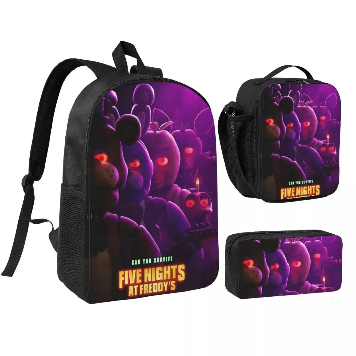 3pecs/ensemble glamrock fnaf sac à dos de jeu vidéo pour étudiant retour à l'école sacs en toile sac à déjeuner trousse à crayons