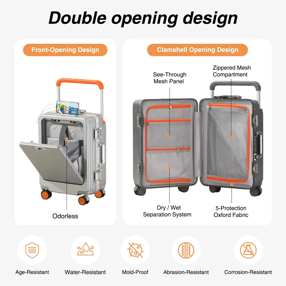 valise cabine à ouverture frontale avec roues pivotantes, port de charge, cadre en aluminium et poignée à code, idéale pour l'embarquement en avion