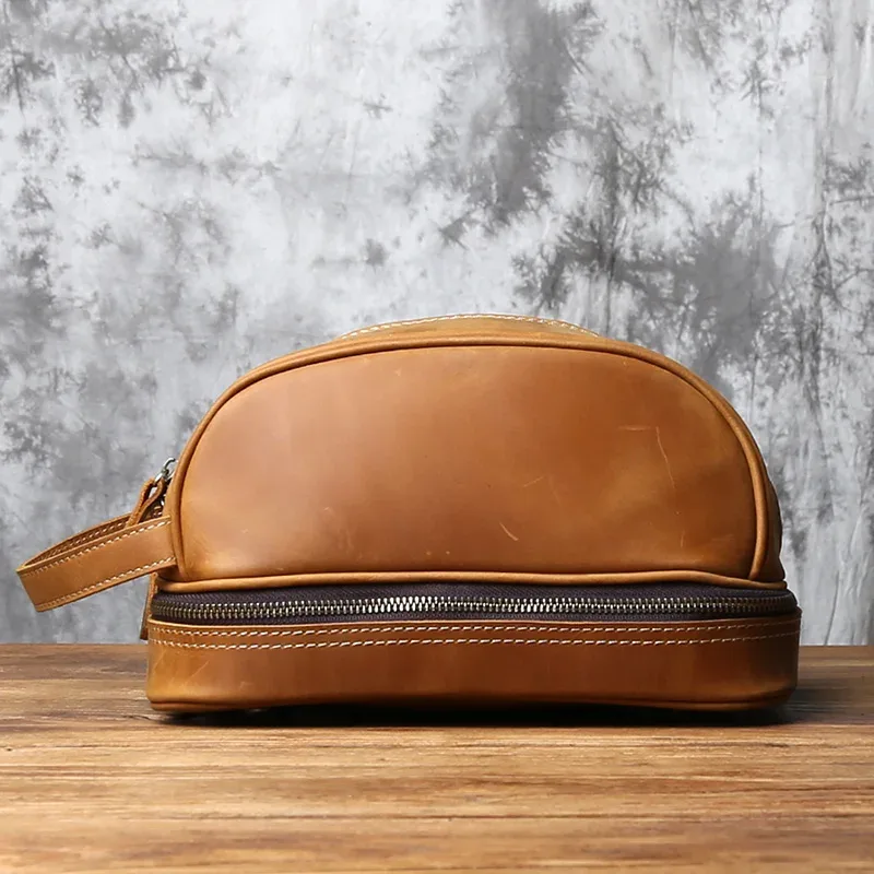 nzpj vintage en cuir véritable trousse de toilette couche supérieure en peau de vache trousse de maquillage peau de cheval fou sac à main pour hommes tablette sac d'ordinateur