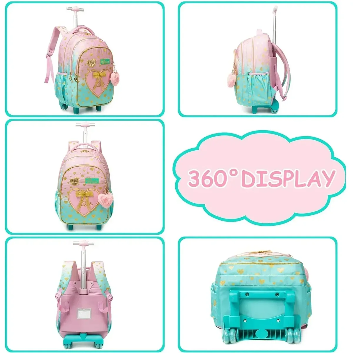sacs d'école à roulettes pour filles, 3 pièces, sac à dos étanche pour enfants avec roulettes, chariot d'école primaire, sac de livre à bagages