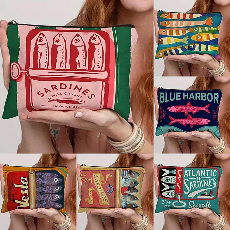 sac à cosmétiques en toile vintage, trousse de maquillage simple de grande capacité, pochette de voyage pour femmes, trousse de toilette rétro, design d'huile d'olive de sardines