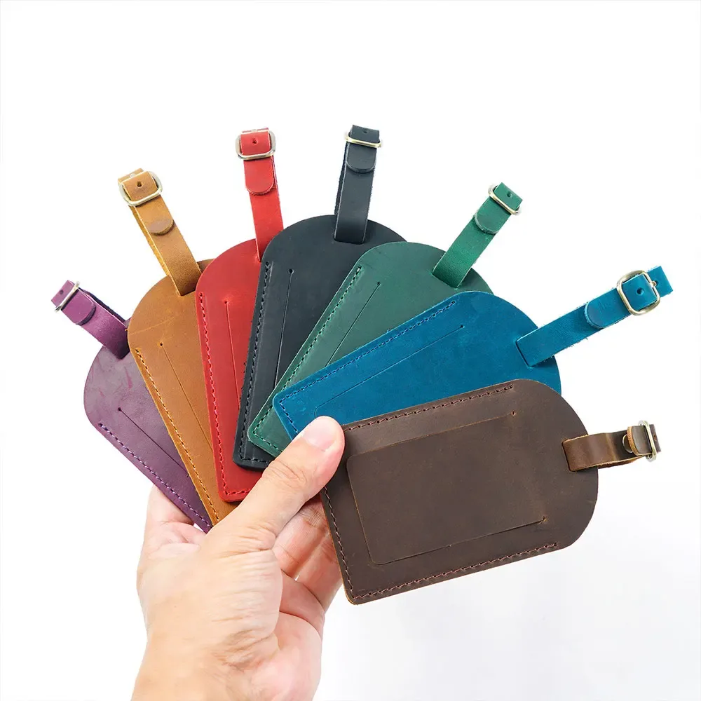 étiquette de bagage en cuir personnalisée avec nom, en cuir de vachette pleine fleur, pour carte d'embarquement et valise, design créatif