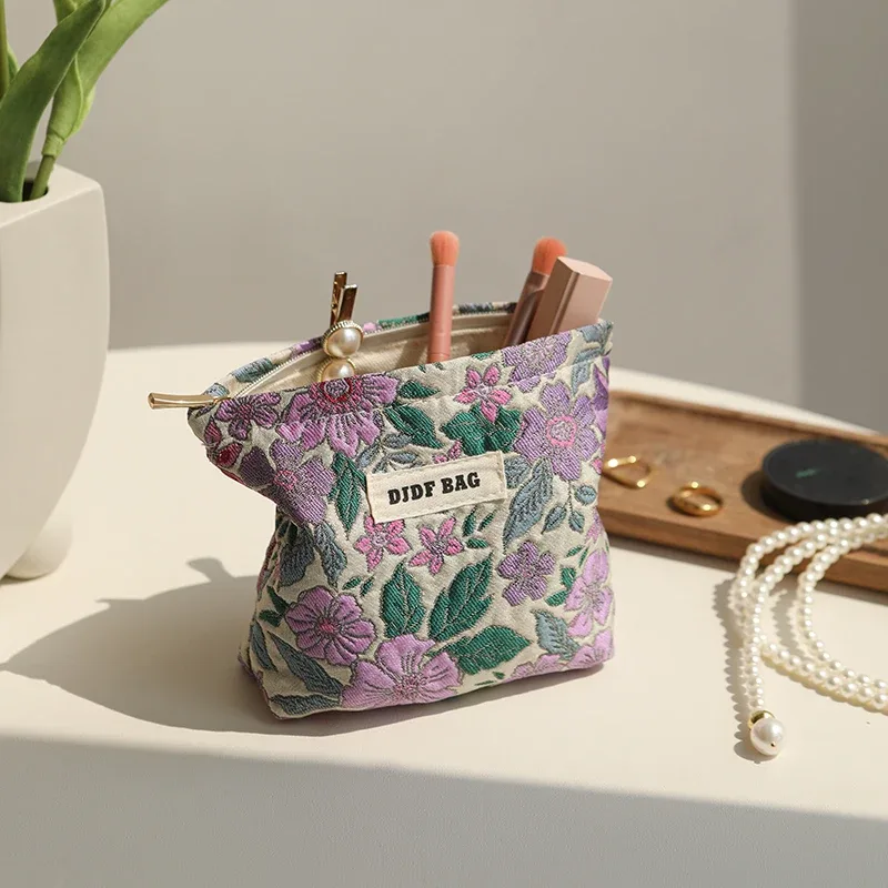 sac à cosmétiques pour femmes, petit sac de rangement vintage à fleurs violettes pour cosmétiques, rouge à lèvres, porte-monnaie portable, porte-carte de banlieue ins